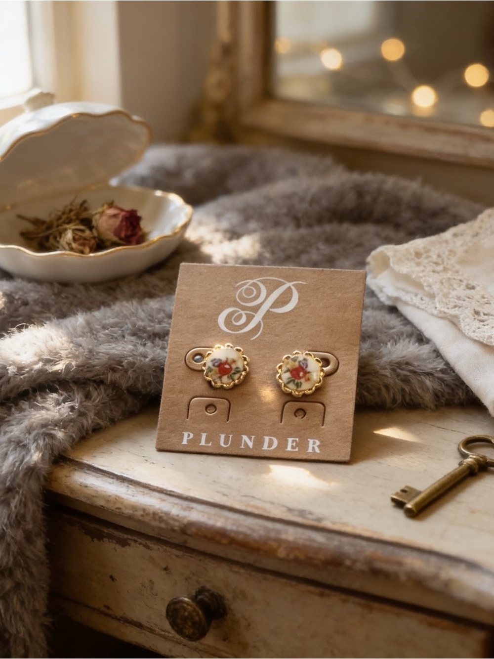 Plunder Gold Floral Porcelain Button Stud Earrings with Red Flowers
